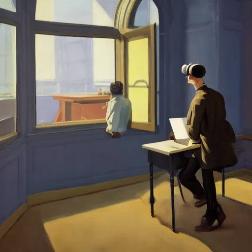 Image similar to A fine art painting of a man wearing Vr goggles and a puffa jacket, he creating the metaverse at a desk through a window on a British street. In the style of Edward Hopper and Wes Anderson