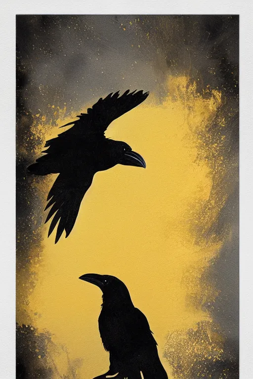 Image similar to beautiful serene smart raven, healing through motion, minimalistic golden ink airbrush painting on white background, studio ghibli