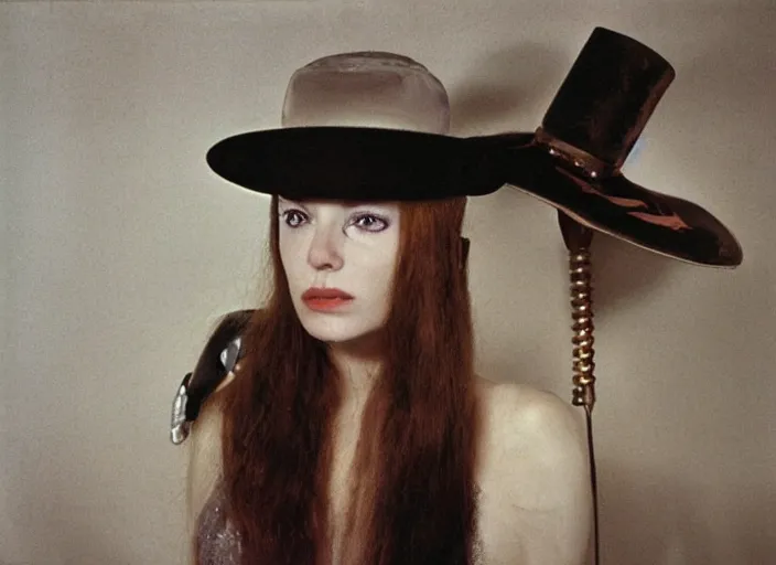 Prompt: a highly detailed beautiful portrait of a cyborg sorceress in a hat, by william eggleston