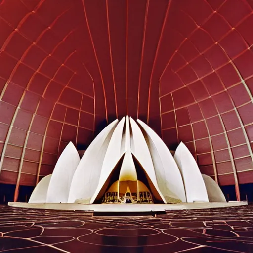 Image similar to interior of a futuristic lotus temple with gold, red and white marble panels, in the desert, by buckminster fuller and syd mead, intricate contemporary architecture, photo journalism, photography, cinematic, national geographic photoshoot