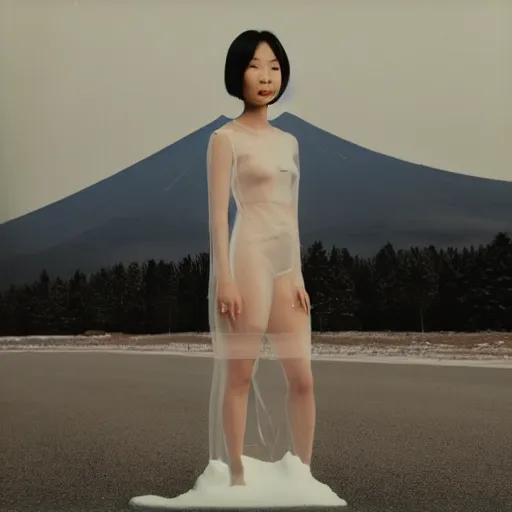 Image similar to a instax photo of fuji mountain, a tall japanese girl in a transparent sheer fabric dress against the background of fuji mountain, severe snow, full body shot, perfect symmetrical body, perfect symmetrical face, coherent symmetrical eyes, hyperrealistic, hyperdetailed, octane render, 8 k