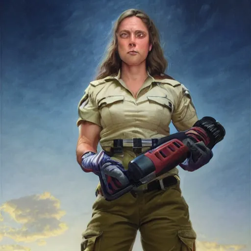 Image similar to epic portrait a slightly muscular woman wearing short sleeved uniform and carrying a powertool, detailed, centered, digital painting, artstation, concept art, donato giancola, Joseph Christian Leyendecker, WLOP, Boris Vallejo, Breathtaking, 8k resolution, extremely detailed, beautiful, establishing shot, artistic, hyperrealistic, beautiful face, octane render