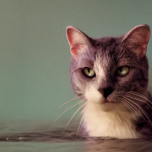 Prompt: a purple cat bathing