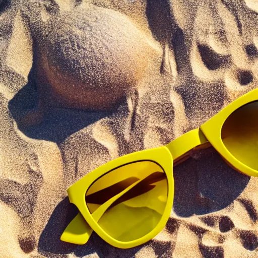 Prompt: a (lemon) wearing sunglasses relaxing on the beach