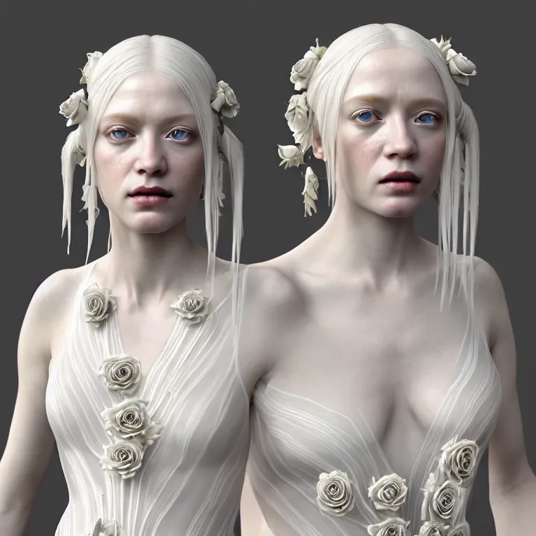 Prompt: neoclassical professional photorealistic focused closed detailed portrait of one wonderful symmetrical albino goddess dressed with a majestic semi transparent silk roses long dress, ornate, intricate, detailed, dramatic light, award winning, unreal engine 5 rendered