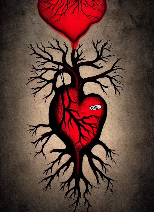 Image similar to dripping anatomical human heart with roots growing above it, sadness, dark ambiance, concept by godfrey blow, graffiti by banksy, featured on deviantart, sots art, lyco art, artwork, photoillustration, poster art, black and red