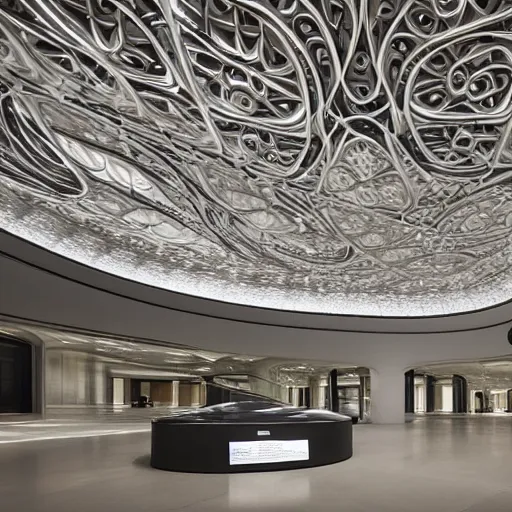 Image similar to extremely detailed ornate stunning beautiful elegant futuristic museum lobby interior by Zaha Hadid