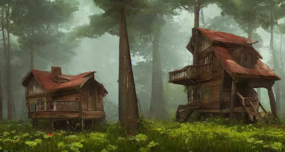 Image similar to a painting of a house in the middle of a forest, a low poly render by senior environment artist, featured on polycount, fantasy art, artstation hq, 2 d game art, rendered in unreal engine