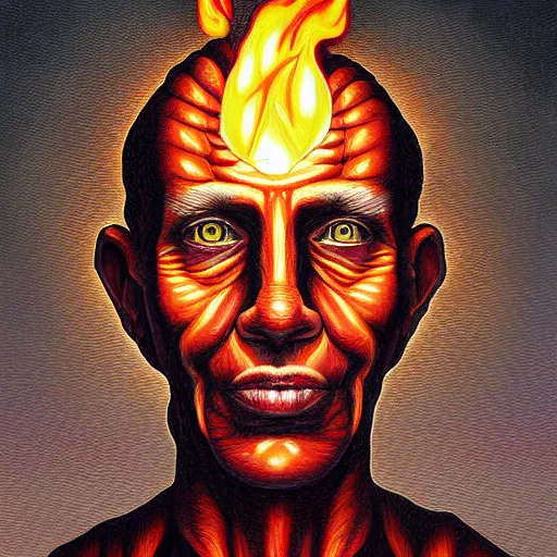 Prompt: a hyper realistic painting of a fire - man by jeffrey smith