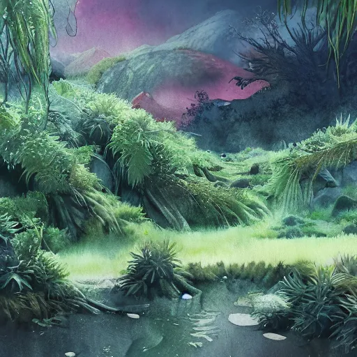 Image similar to watercolor of a lush natural scene on an alien planet by vincent bons. ultra sharp high quality digital render. detailed. beautiful landscape. weird vegetation. water. soft colour scheme. grainy.