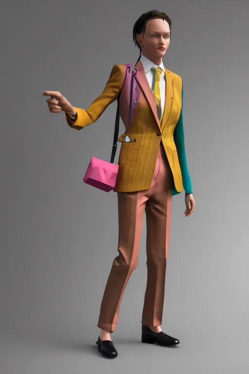 Prompt: a character wearing a super colorful muted color diy! suit, vivienne westwood!, detailed photoreal render octane render