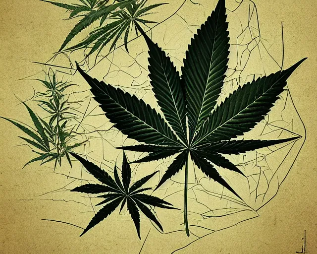 Image similar to cannabis leaf, cannabis flower, cannabis tree, abstract shapes and geometric patterns, a simple vector pop surrealism, by ( leonardo da vinci ) and greg rutkowski and rafal olbinski