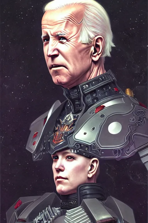 Image similar to portrait of joe biden goth cyborg with white hair in warhammer armor, art by kuvshinov ilya and wayne barlowe and gustav klimt and artgerm and wlop and william - adolphe bouguereau