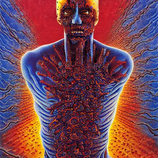 Image similar to lament configuration box floating above skinned bloody man in hell by clive barker, alex grey, lisa frank, beksinski