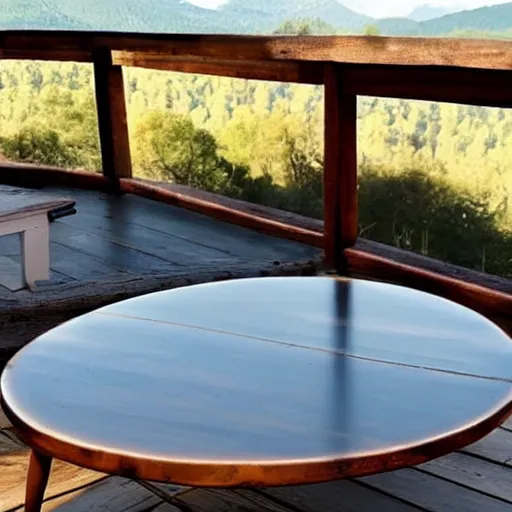 Image similar to cute coffee table overlooking blurred out rustic country mountains in the background and sunny sky