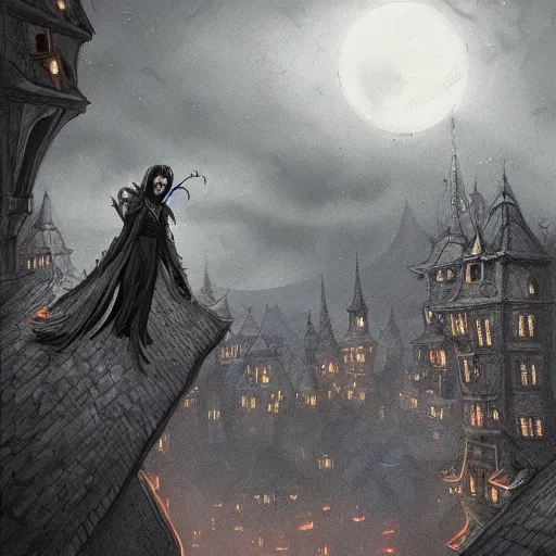 Image similar to a vampire stands on top of a village roof, looks down on street, night, fantasy, concept art, intricate detail, gothic