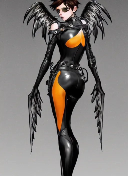 Image similar to full body artwork of tracer overwatch, wearing black latex outfit, in style of zdzisław beksinski, angel wings, dramatic painting, wearing detailed steel collar, black shiny armor, chains, black harness, detailed face and eyes,