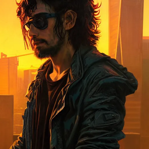 Prompt: cyberpunk, closeup portrait of a shaggy cyberpunk hacker, eye bags, dramatic light, city background, sunset, dystopian setting, high contrast, sharp, neuromancer, henry dorsett case, painted by stanley lau, painted by greg rutkowski, painted by stanley artgerm, digital art, trending on artstation