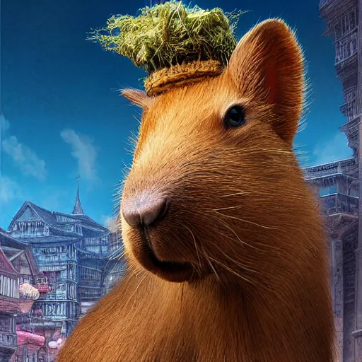 Image similar to character portrait of the capybara princess with gorgeous detailed eyes in the marketplace in the sky, color page, tankoban, 4 k, tone mapping, doll, akihiko yoshida, james jean andrei riabovitchev marc simonetti, yoshitaka amano, long hair, curly, greater capybara, giant cavy rodent, h. hydrochaeris