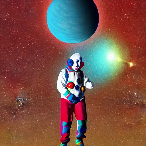 Image similar to techno - capitalist clown wearing space suit flying away in realistic space environs, digital art