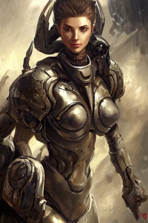 Image similar to a professional painting of an attractive young female clothed in military armor, olive skin, long dark hair, beautiful bone structure, symmetrical facial features, intricate, elegant, digital painting, concept art, smooth, sharp focus, illustration, from StarCraft by Ruan Jia and Mandy Jurgens and Artgerm and William-Adolphe Bouguerea