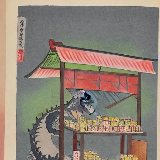 Image similar to ancient japanese watercolour of godzilla running a fruit stall in a market