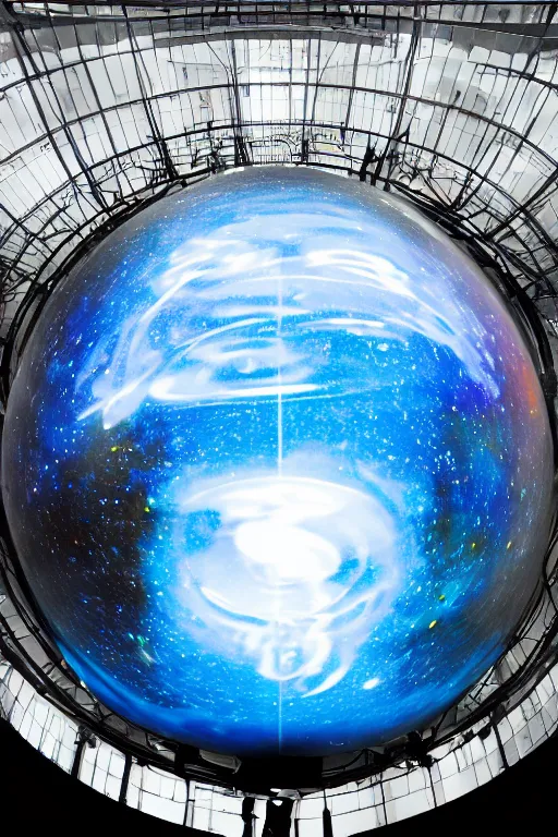 Image similar to public art installation about liquid planet in space. projected on single big suspended sphere inside giant and dark printworks london venue. generative visuals. interactive art. piano live music concert stage design