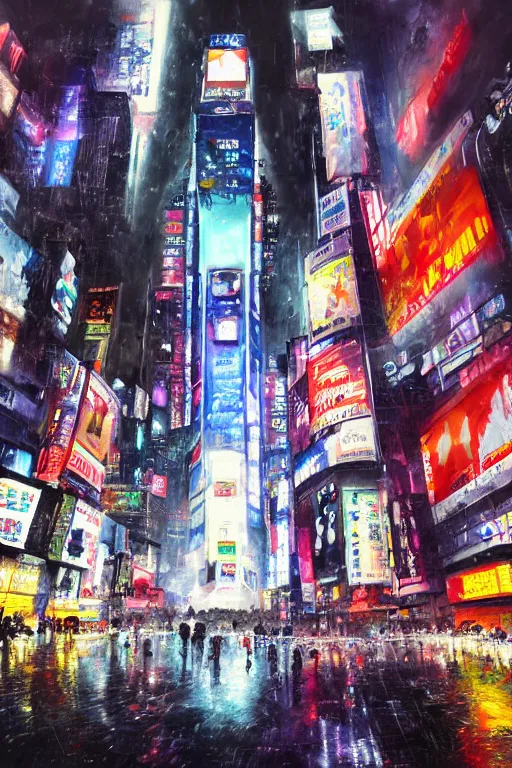 Prompt: neo tokyo time square in a rainy night, landscape, alex ross, neal Adams, david finch, concept art, matte painting, highly detailed, rule of thirds, dynamic lighting, cinematic, detailed, denoised, centerd