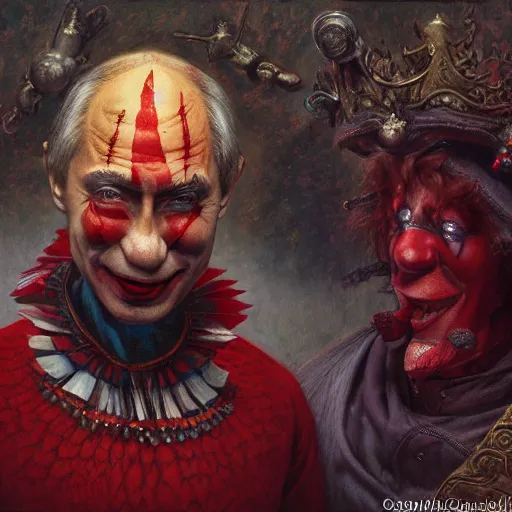 Image similar to vladimir putin, is a jester, circus performance, red clown nose, fantasy 3 d render, masterpiece, by donato giancola and greg rutkowski and wayne barlow and zdzisław beksinski, realistic face