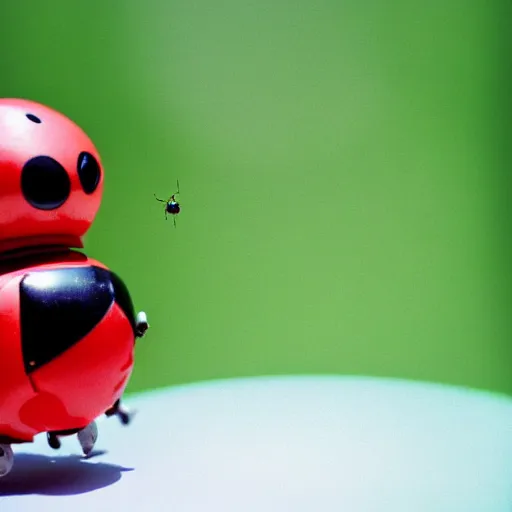 Image similar to a cute tiny robot is holding a big flower up above its head, a ladybug is beside the robot, award winning macro photography, kodak ektar, dramatic lighting