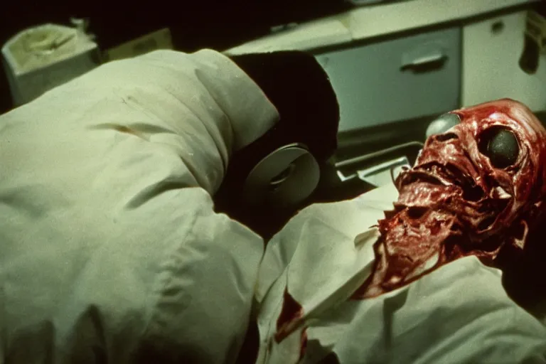Prompt: filmic wide shot dutch angle movie still 35mm film color photograph of a doctor with his face completely torn off, eyeballs hanging out of his skull, drenched in blood lying on his back on a science lab floor in the style of a 1982 horror film