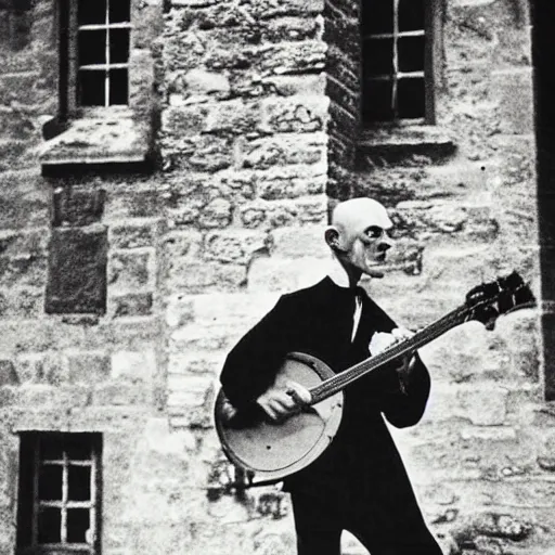 Image similar to vintage photograph of count orlok outside his castle, playing the blues on banjo, castle in the background, 4 k