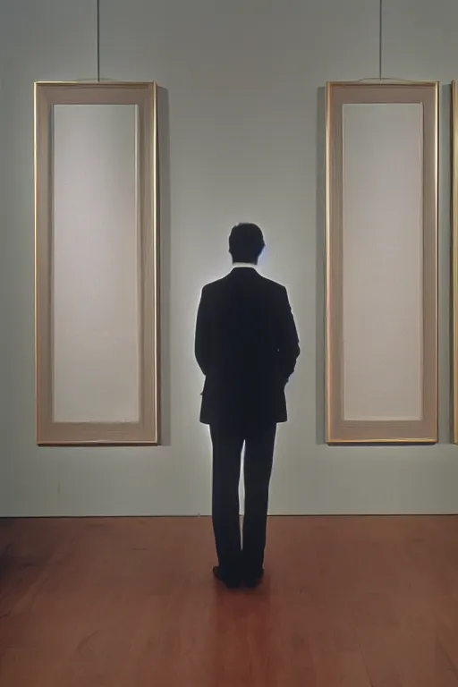 Prompt: person in a fine suit seen from behind standing in an empty gallery contemplating over a frame hanging at the opposite wall, photo taken with provia 1967