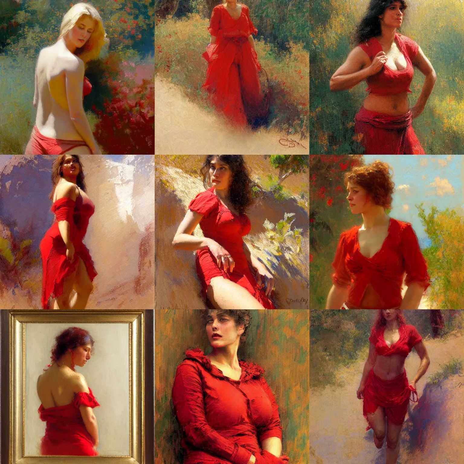 Prompt: a woman in a red top with a normal body type, painting by Gaston Bussiere, Craig Mullins