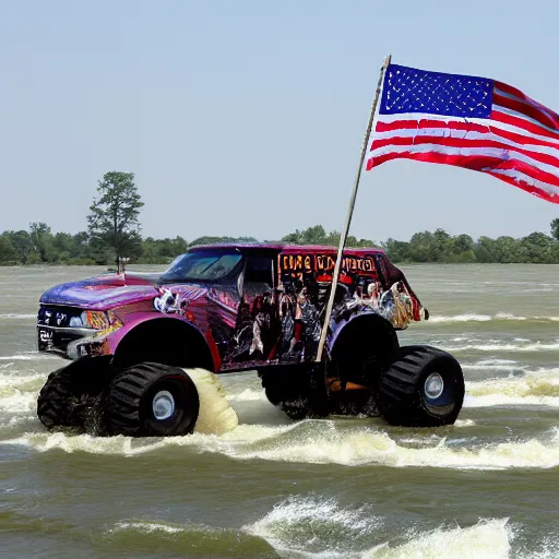 Prompt: Washington crosses the Delaware in a monster truck