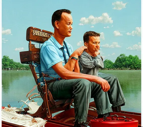 Prompt: Tom hanks as forrest gump sitting in a giant shrimp boat, majestic beautiful world, digital art, amazing detail, artstation, in the style of norman rockwell