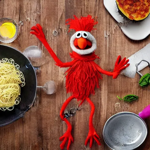 Image similar to italian chef cooking muppets like spaghetti