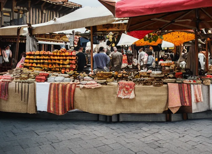 Prompt: eyelevel view of a [ medieval ] german marketplace, selling various food, cloth, and utensil items, on a stiffly vivacious mountain ridge, trending on unsplash, 4 k photorealism, intricate