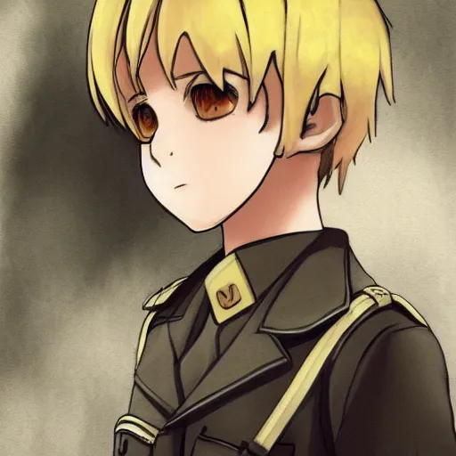 Image similar to beautiful little blonde boy in nazi uniform. made in abyss art style, inspired by kris from deltarrune, cute detailed artwork, anatomically correct, soft details, ilya kuvshinov, reflection, perfect composition, portrait, illumination, digital art, detailed anime soft face, symmetrical face, western comic, illustration, realistic, nazism