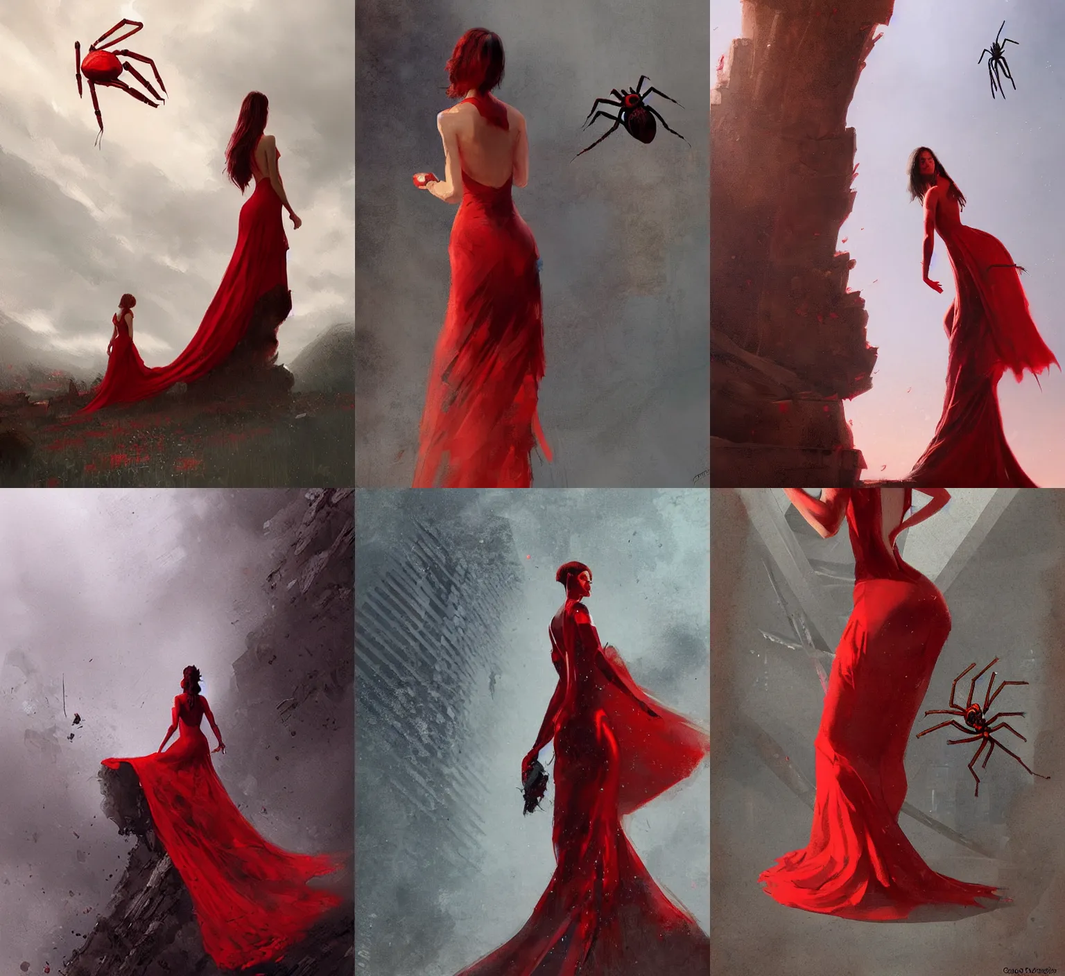 Prompt: woman in a red dress with an open back, a giant spider standing behind her, epic, artwork by Greg Rutkowski