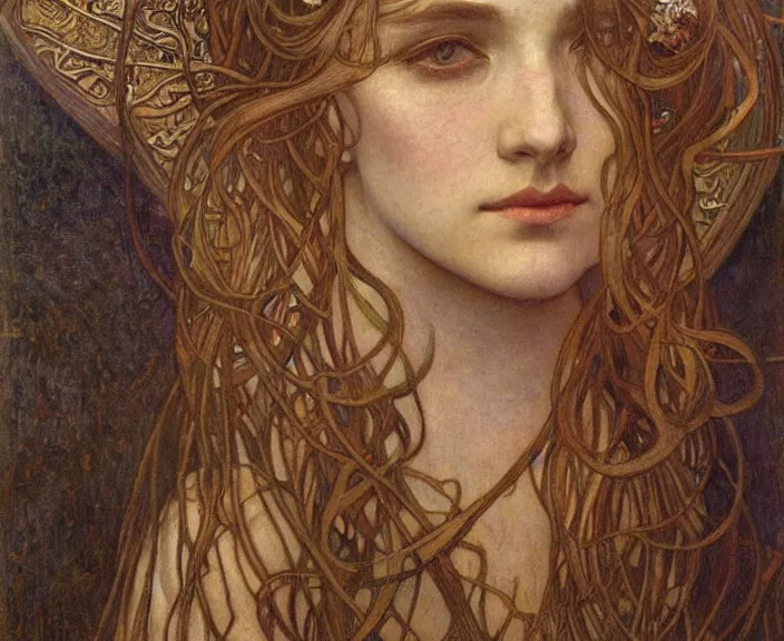 Image similar to detailed realistic beautiful young medieval queen face portrait by jean delville, alphonse mucha, vincent van gogh, and marco mazzoni, art nouveau, symbolist, visionary, gothic, pre - raphaelite