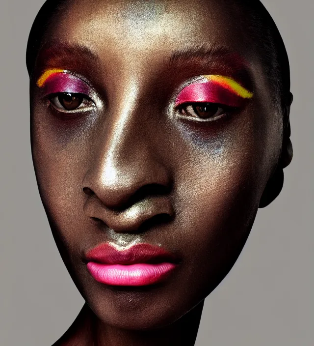 Prompt: photography facial portrait of naomi campell, natural background, natural pose, wearing a stunning hat by iris van herpen, with a colorfull - makeup. highly detailed, skin grain detail, photography by paolo roversi, nick knight, helmut newton, avedon, araki