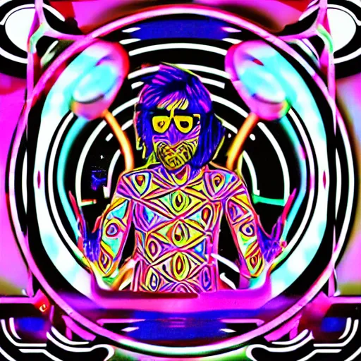 Image similar to svg sticker of a Dancing-Alex-Grey-Psychedelic-Rave-Man, at a rave, spinning records, giant headphones rocking out, wearing headphones, huge speakers, dancing, rave, DJ, spinning records, digital art, amazing composition, rule-of-thirds, award-winning, trending on artstation, featured on deviantart