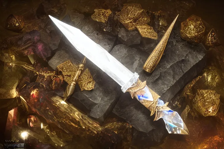 Prompt: A dagger made of crystal shimmers with an unnatural light, it had been enchanted by a skilled sorcerer, D&D fantasy setting, 4k