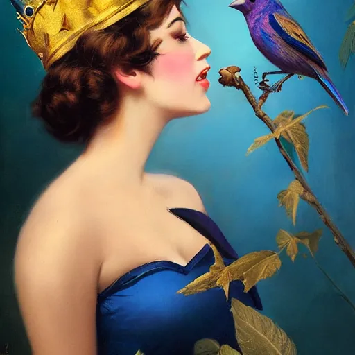 Image similar to an indigo bunting, bird, wearing a crown and bowtie by greg rutkowski, rossdraws, gil elvgren, enoch bolles, anime, very coherent