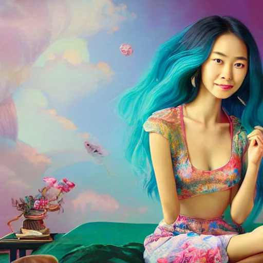 Prompt: young asian woman with flowing hair dressed in a small top sitting on bed, she is smiling, rendered in octane, photorealism, by Ansel Adams David Suh Lisa Frank Peter Mohrbacher Artgerm