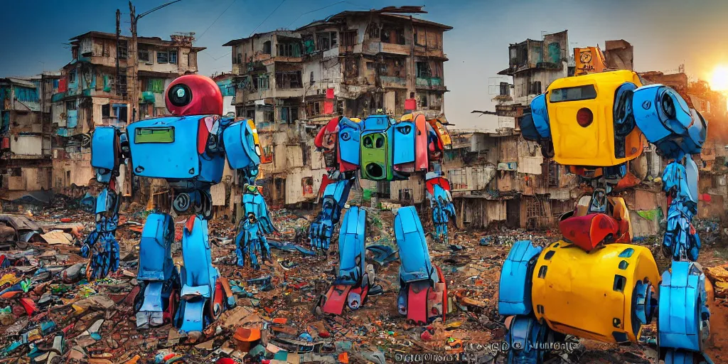 Prompt: colourful - damaged - giant mecha ROBOT of AJEGUNLE SLUMS in Lagos, markings on robot, Golden Hour, in the style of studio ghibli,