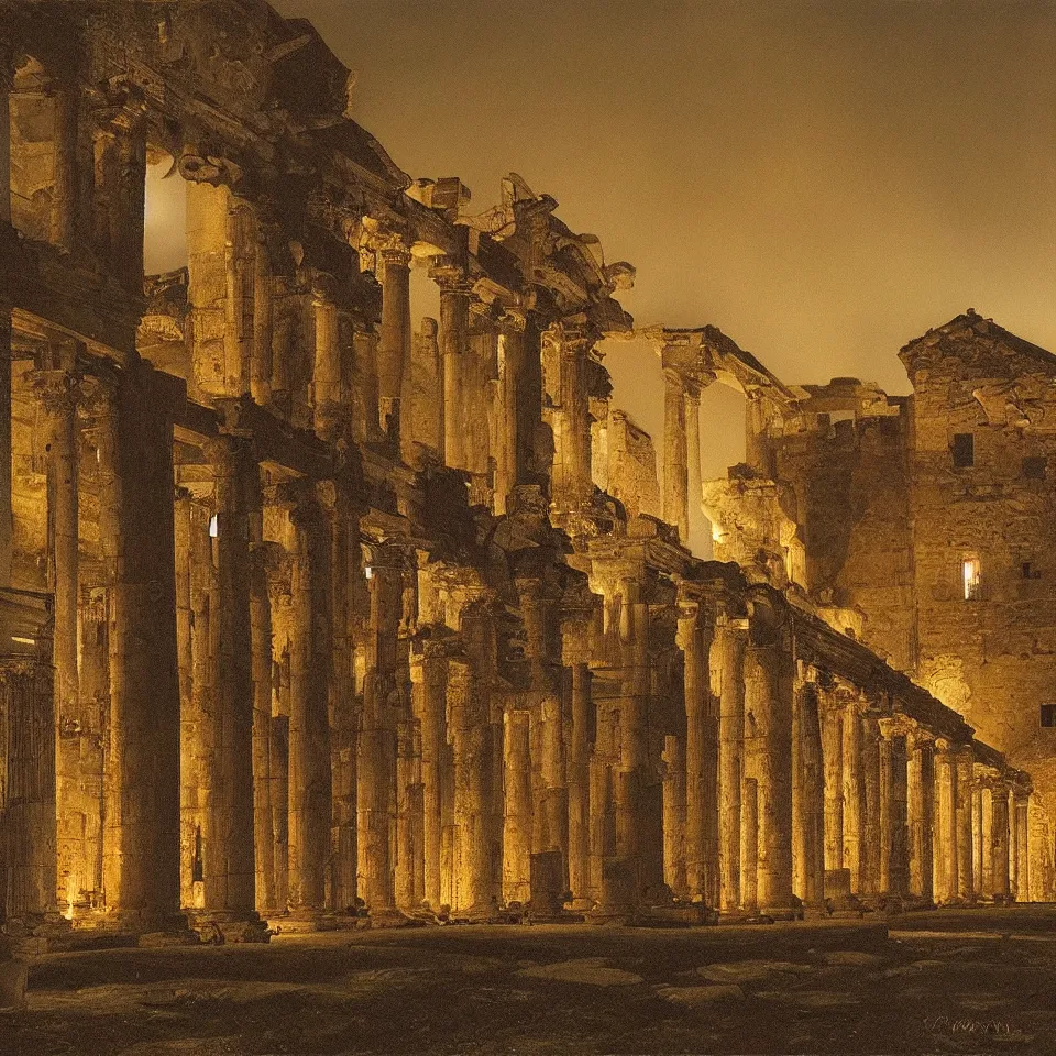 Prompt: Eerie illuminated nighttime Roman ruins, painted by Ippolito Caffi, golden hour, bewitching