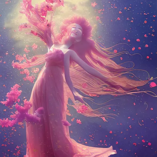 Image similar to Ginger woman in a swirling sundress of flowers, underwater, floral explosion, radiant light, vortex of plum petals, by WLOP, Hasui Kawase and artgerm, artstation, deviantart