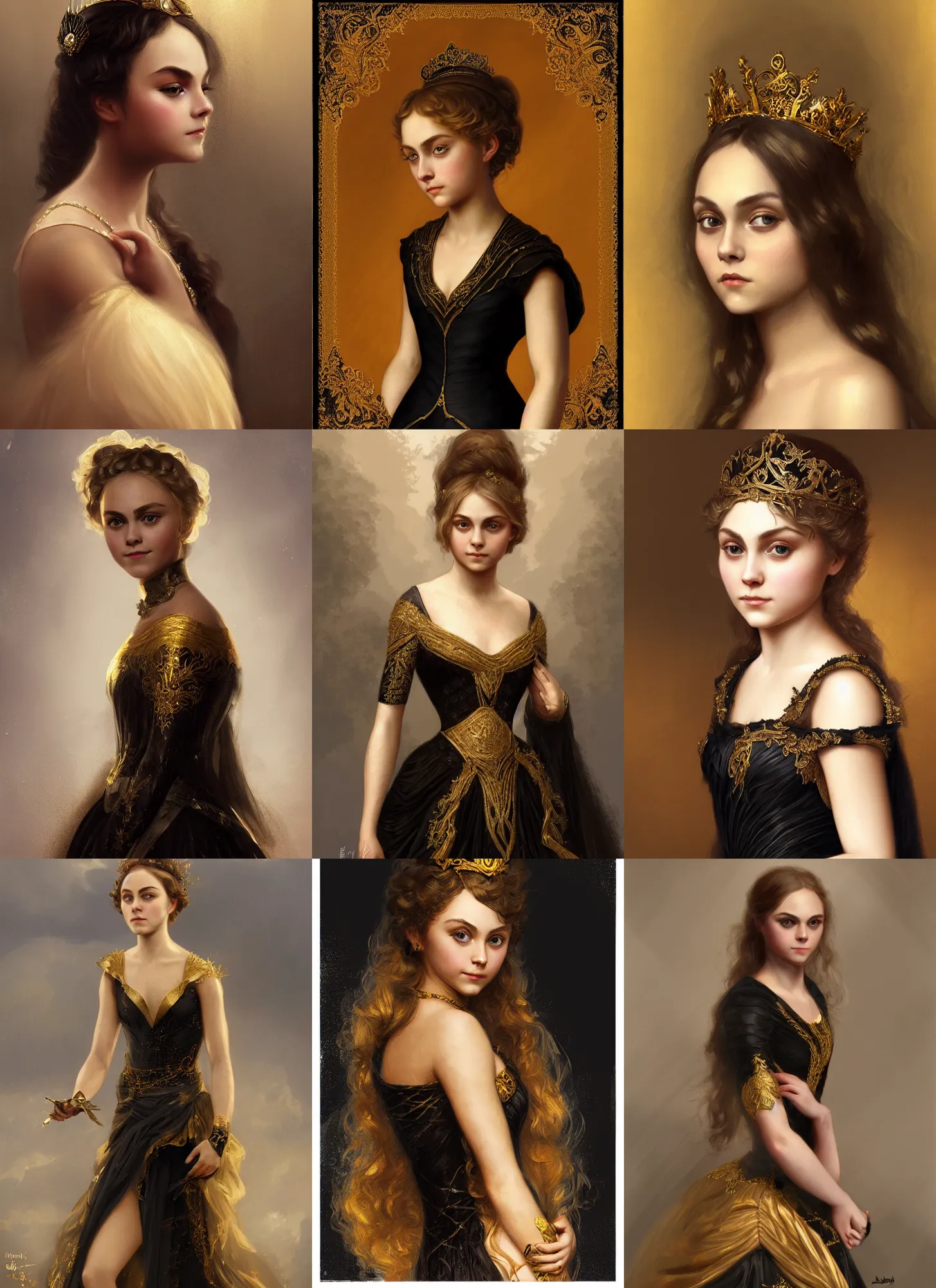 Prompt: annasophia robb portrait as young princess, black and golden dress, intricate, elegant, highly detailed, digital painting, artstation, concept art, smooth, sharp focus, illustration, bouguereau, aleksi briclot, rutkowski